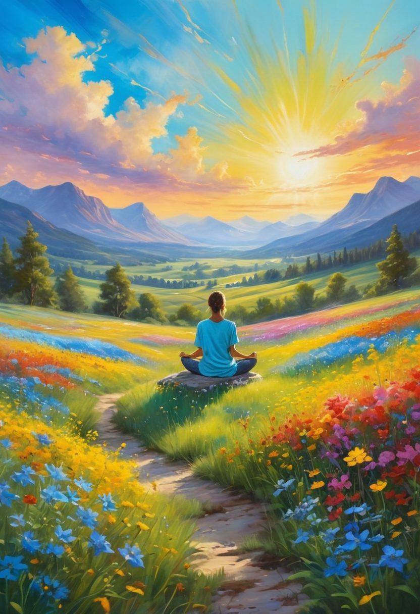 A serene landscape featuring a person meditating amidst vibrant wildflowers under a clear blue sky, with floating abstract shapes symbolizing immunity and wellness. The scene should radiate warmth and positivity, emphasizing the joy and benefits of well-being. Include hues of green and yellow to enhance vitality. soft painting. vibrant colors.