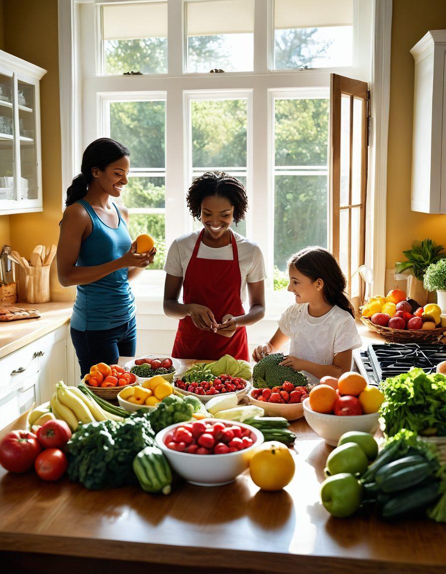 A vibrant kitchen scene showcasing a variety of nutritious foods like fresh fruits, vegetables, and a container of Inmunocal prominently displayed. The sunlight streams through a window, illuminating a warm, inviting atmosphere filled with a sense of health and wellness. Include a happy family sharing a meal together, expressing delight and satisfaction. super-realistic. warm colors. natural lighting.